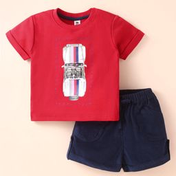 ToffyHouse Cotton Knit Half Sleeves T-Shirt & Shorts Set With Car Print - Red-picture-15