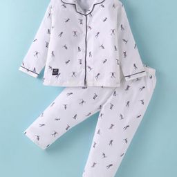 Enfance Core Cotton Woven Full Sleeves Ice Skating Printed Coordinating Night Suit Set - White-image-69