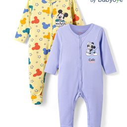 Babyoye Disney Interlock Full Sleeve Footed Sleepsuit With Mickey Mouse Graphic Set Of 2 - Purple & Yellow-image-138