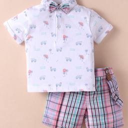 ToffyHouse 100% Woven Cotton Knit Half Sleeves T-Shirt & Shorts Set With Suspender & Bow with Checks & Vehicle Print - White& Pink-image-34