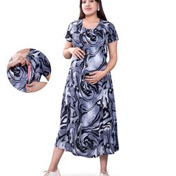 Mamma's Maternity Rayon Short Sleeves Marble Printed Maternity Dress With Nursing Access - Light Grey-image-49