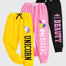KUCHIPOO Pack Of 3 Unicorn & Hearts Printed Track Pants - Yellow Black & Pink-picture-19