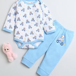 BUMZEE Cotton Knit Full Sleeves Vehicles Printed Onesie & Pajama Set - Light Blue & White-image-88