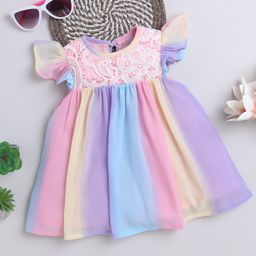 Many frocks & Georgette Frill Sleeves Floral Schiffli Lace Embroidered & Ombre Dress - Multi Colour-image-22
