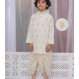 Little Bansi Cotton Full Sleeves Paisley Foil Printed Kurta & Dhoti Set - Cream-image-96