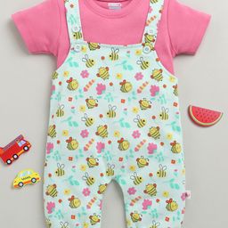 BUMZEE Cotton Knit Dungaree With Half Sleeves T-Shirt Floral Print - Pink & Mint Green-image-33