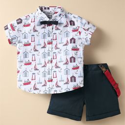 ToffyHouse Poplin Woven Half Sleeves Nautical Theme Printed Shirt & Shorts Set with Bow & Suspender - White & Navy Blue-image-64