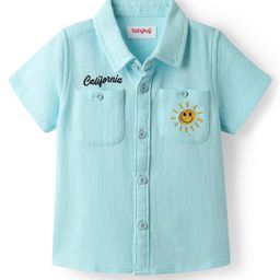 Babyhug Cotton Woven Half Sleeve Solid Color Shirt with Embroidery - Light Blue-image-59