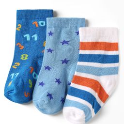 Cute Walk By Babyhug Knit Ankle Length Anti Bacterial Socks With Stripes & Star Design Pack of 3 - White & Blue-image-80