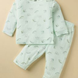 Pink Rabbit Interlock Knit Full Sleeves Co-ords Night Suit with Animal Print - Light Green-image-11