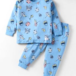 CUCUMBER Sinker Knit Full Sleeves Co-Ord Night Suit with Sport Theme Print - Light Blue-image-67