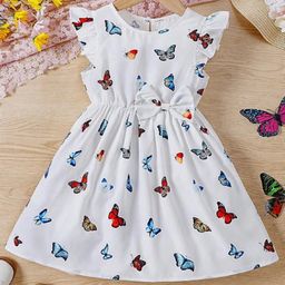 Bolly Lounge Cotton Blend Woven Frill Sleeves Butterfly Printed Bow Applique Detailed Dress - White-image-53