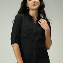 Outzidr Mandarin Collar Roll-Up Sleeves Shirt Style Top-image-30