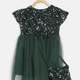 Bella Moda Girls Dark Green & Black Net Sequinned Tulle Fit & Flare Dress with Sling Bag-image-28