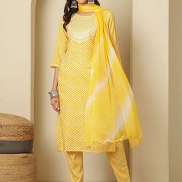 Sangria Leheriya Printed Sequinned Pure Cotton Straight Kurta With Trouser & Dupatta-7