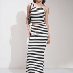 Tokyo Talkies Striped Shoulder Sleeveless Strap Top With Skirt-0