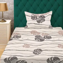KLOTTHE Beige & Grey Floral 300 TC Fitted Single Bedsheet with 1 Pillow Cover-picture-21