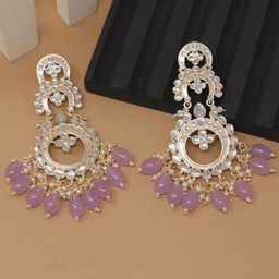 BELWICK Gold-Plated Kundan Studded And Pearls Beaded Circular Drop Earrings-image-98