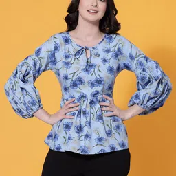 Oomph! Floral Printed Tie-Up Neck Bishop Sleeve Peplum Top-image-91