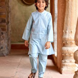 Babyhug Cotton Woven Full Sleeves Solid Kurta Payjama Set With Sequenced Embroidered Jacket - Blue-image-78