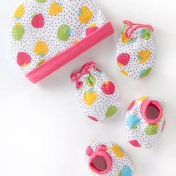 Babyhug 100% Cotton Interlock Knit Cap Mitten & Booties Strawberry Print - Pink & White-image-30