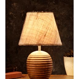 Green Girgit Striped Wooden Brown Lamp with White Jute Shade-80