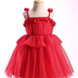 Babyhug Sleeveless Shimmered Ruffled Party Frock with Floral Applique -  Red-image-21