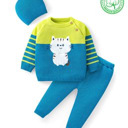 Babyhug Knit Full Sleeves Pullover Sweater Set with Cap & Cat Design - Blue & Green-picture-23