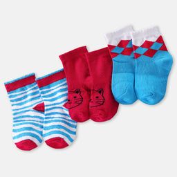 Doodle Poodle Cotton Knit Ankle Length Striped & Cat Designed  Socks Pack of 3 -  Blue & Red-image-34