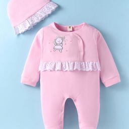 ToffyHouse Interlock Knit Full Sleeves Footed Romper With Animal Embroidery & Cap - Pink-picture-25