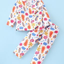 Little Darlings Cotton Knit Full Sleeves Printed Night Suit - White-image-21