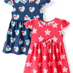 Babyhug Single Jersey Kit Cap Sleeves Heart & Star Printed Dress with Bow Applique Pack of 2 - Pink & Navy Blue-image-88