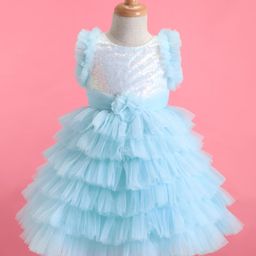 Bluebell Net Woven Sleeveless Party Dress With Sequinned Yoke & Floral Applique - Light Blue-image-40