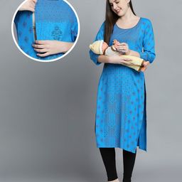 True Shape Three Fourth Sleeves Ethnic Printed Maternity Kurta With Concealed Zipper Nursing Access - Sky Blue-56