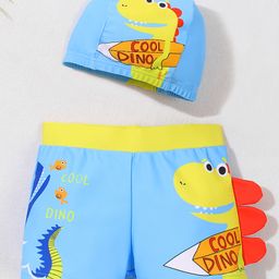 Mark & Mia Swimming Trunks & Cap with Dino Print & Applique - Light Blue-image-18