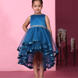 Toy Balloon Kids Net Sleeveless Beads Embellished High Low Dress - Teal Blue-image-61