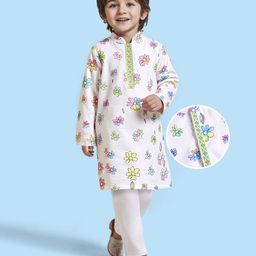Babyhug Cotton Flex Woven Full Sleeves Kurta Pyjama Set with Digital Floral Print - White-image-69