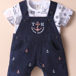 ToffyHouse Cotton Knit Dungaree & Half Sleeves Inner Tee with Nautical Theme Print - White & Navy Blue-image-52
