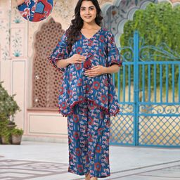 Aujjessa Cotton Batwing Sleeves Abstract Printed & Lace Embellished Maternity Feeding Night Suit with Concealed Zipper Nursing Access - Blue-image-22