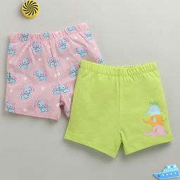 BUMZEE Cotton Pack Of 2 Baby Elephants Printed Shorts - Baby Pink & Green-image-76