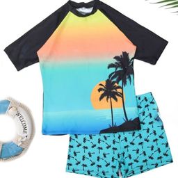 Yellow Bee Half Raglan Sleeves Beach Theme Printed Coordinating Tee & Shorts Set - Multi Colour-image-32
