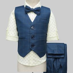 Robo Fry Cotton Woven Full Sleeves Checkered 3 Piece Party Suit with Bow - Navy Blue-picture-47