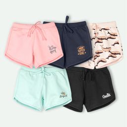 Ariel Cotton Knit Pack Of 5 Whales & Typography Printed Shorts - Pink Peach Black Sky & Navy Blue-image-13