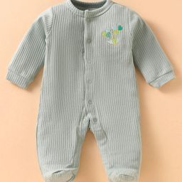 Wonderchild Full Sleeves Elephants Embroidered Ribbed Sleepsuit - Olive Green-image-29