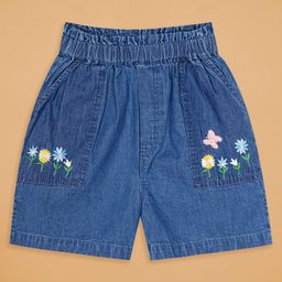 Budding Bees Denim Woven Floral Embroidered Shorts - Blue-image-3