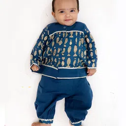 BownBee Pure Cotton Woven Full Sleeves Fishes Printed Gota Lace Embellised Kurti Pant Set - Blue-picture-32