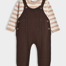 Mi Arcus Cotton Blend Knit Cable Knit Designed Dungaree With Full Sleeves Striped Tee Set - Brown-picture-17