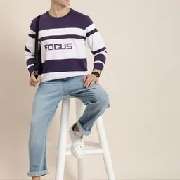 HERE&NOW Round Neck Typography & Striped Sweatshirt-image-9