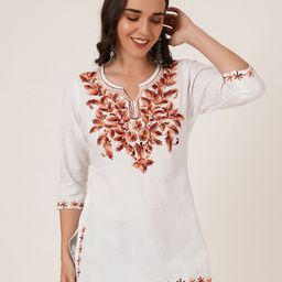 Brownverse Women Floral Embroidered Cotton Round Neck Three-Quarter Sleeves Top-image-96