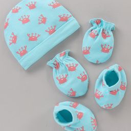 Babyhug 100% Cotton Cap Mitten Booties Set Crab Printed Blue - Diameter 11 cm-image-4